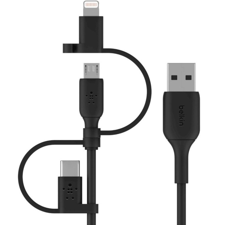 کابل شارژ سریع 1 به 3 USB-A به لایتنینگ، USB-C و Micro-USB بلکین طول 1 متر مدل CAC001bt1MBK